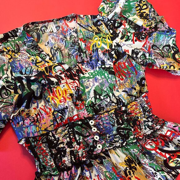 Graffiti Print Punk Top with Ruffled Sleeves, Size M – Bold and Edgy Statement - Picture 7 of 11